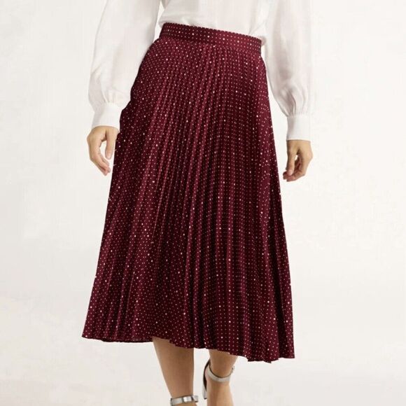 Free Assembly Sz XL Pleated Skirt Classic Fit Side Zip Marron Crush Polka Dot - Picture 1 of 15
